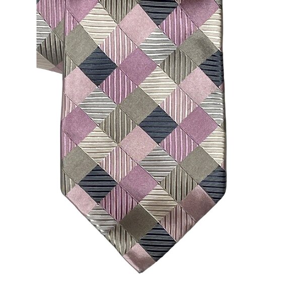 Geoffrey Beene Tie Mens Silk Necktie Pink Gray Plaid Work Business Career Office - Picture 2 of 12